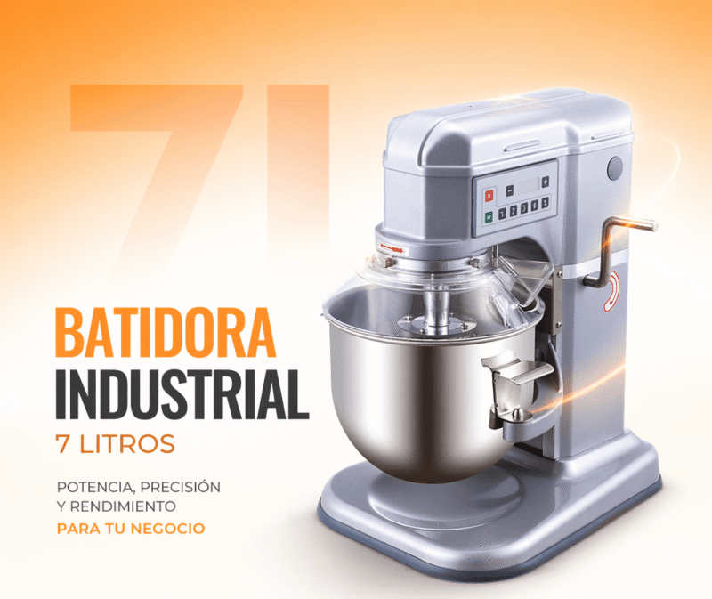 Batidora industrial 7 litros Joserrago M-B7A gris con tazón de acero inoxidable y panel digital sobre fondo naranja
