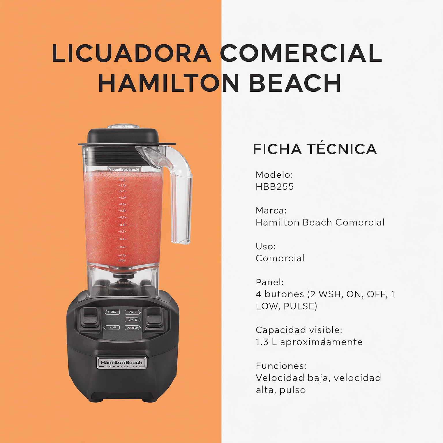 Licuadora comercial Hamilton Beach Rio 1.4 L M-HBB255 alta potencia - Imagen 5