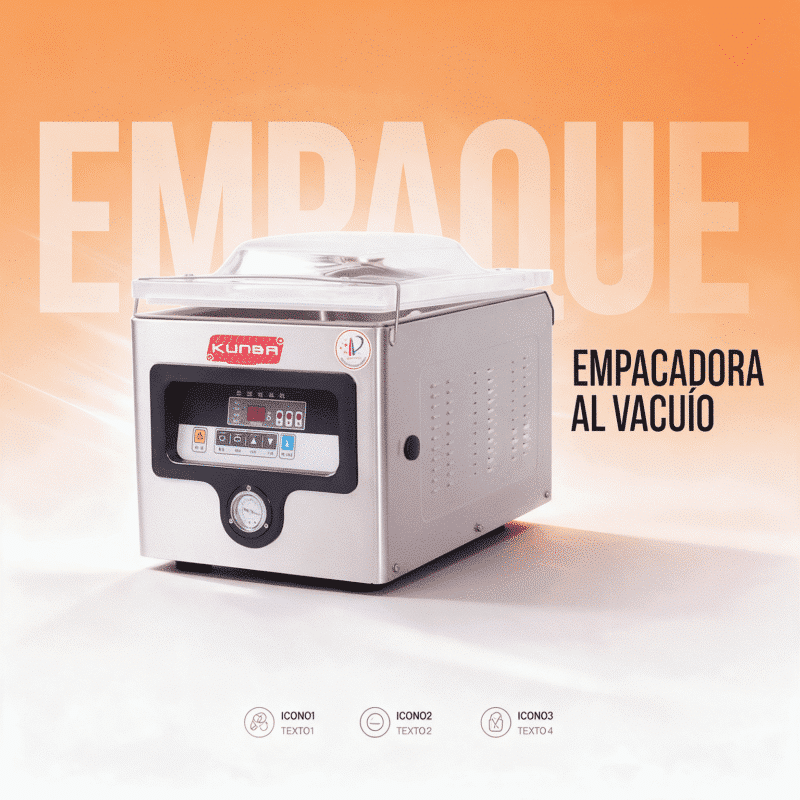Empacadora al vacío Kumba DZ260PD en acero inoxidable con tapa transparente, panel digital y manómetro sobre fondo naranja