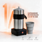 Exprimidor de naranjas Joserrago M-ESB de 1/2 HP en acero con tapa, pico vertedor negro y vaso receptor gris al lado
