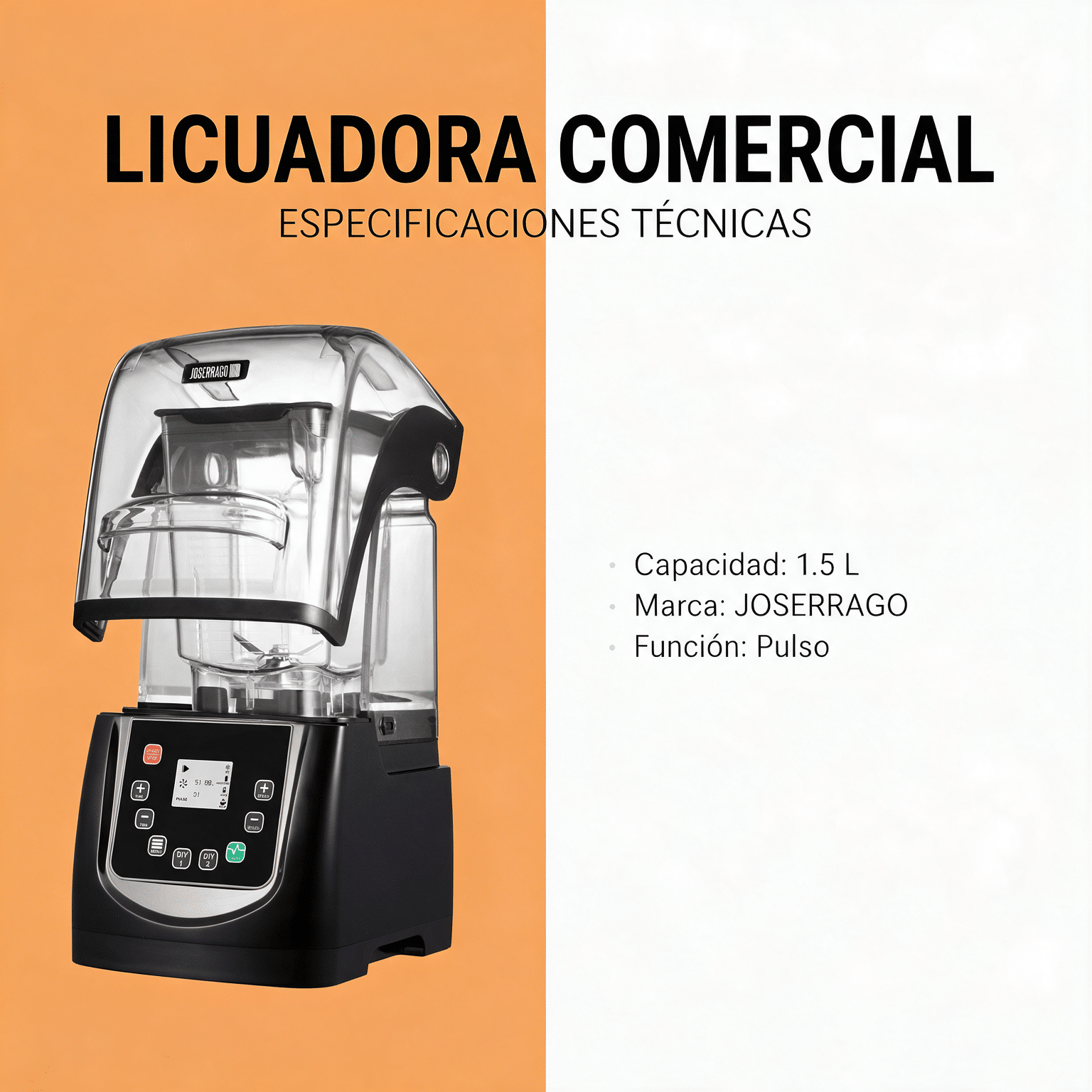 Licuadora industrial Joserrago M-K90TS con especificaciones técnicas: capacidad de 1.5 L, marca y función pulso