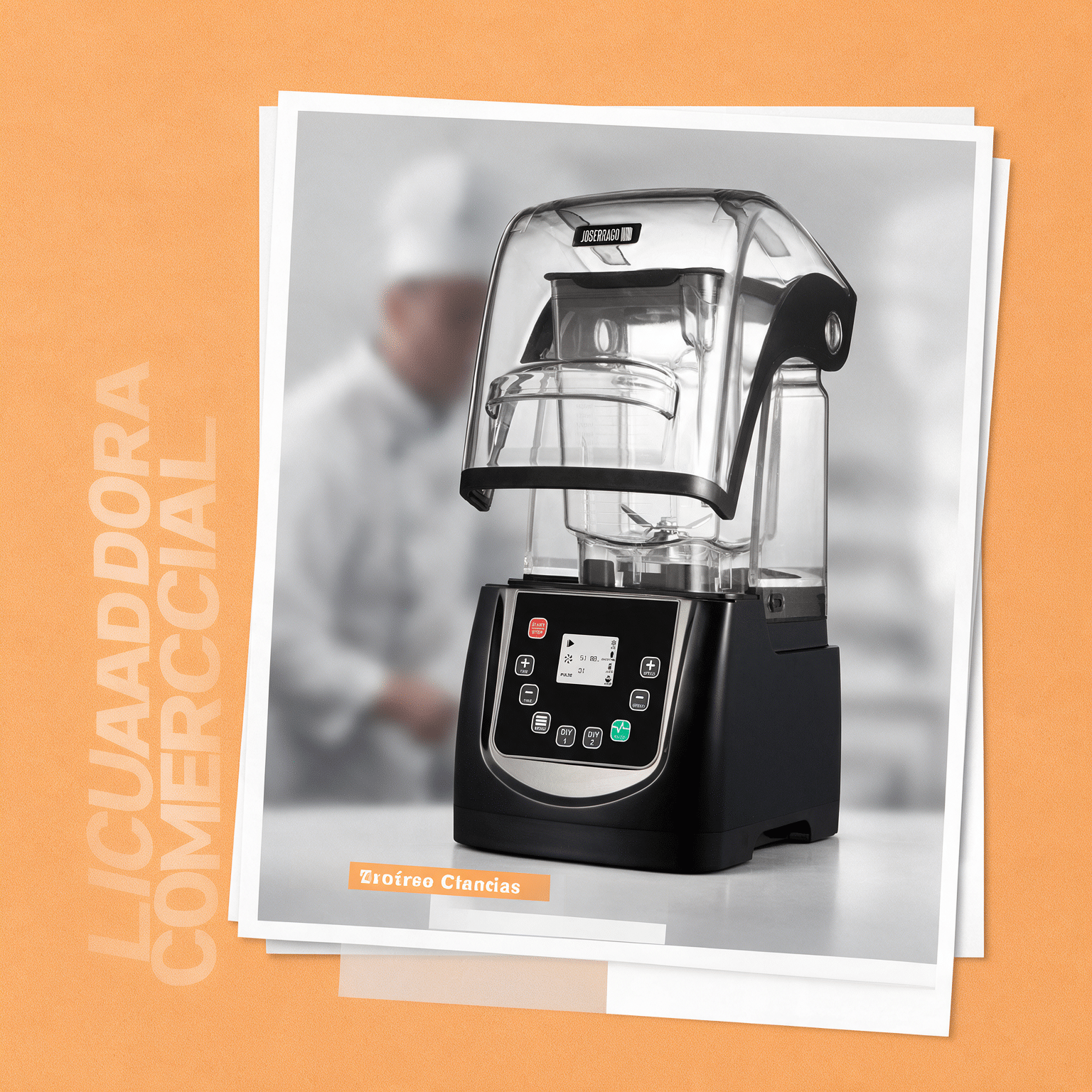 Licuadora industrial Joserrago M-K90TS con cubierta frente a un chef en cocina profesional, en marco sobre fondo naranja