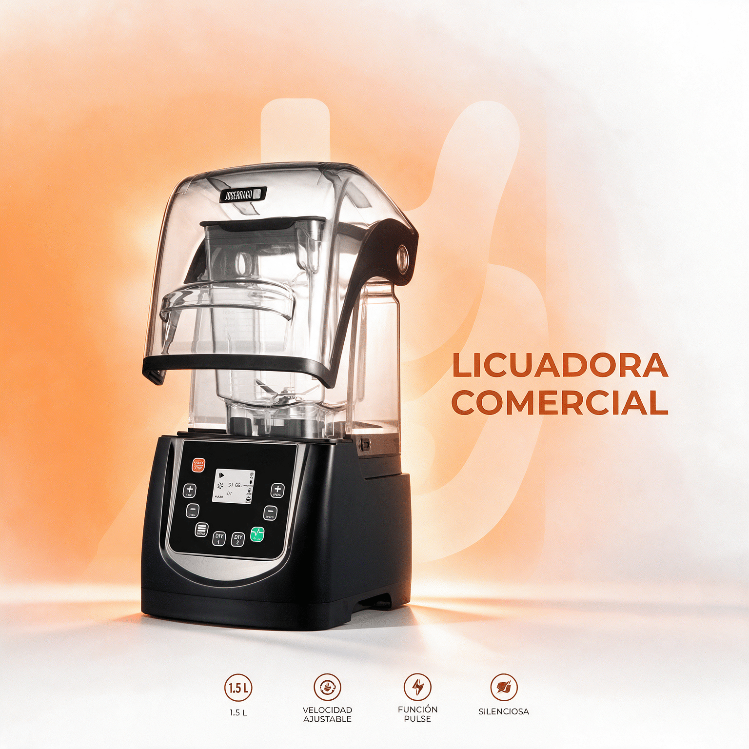 Licuadora industrial Joserrago M-K90TS de 1.5 L con cubierta transparente, base negra y panel digital con función pulso