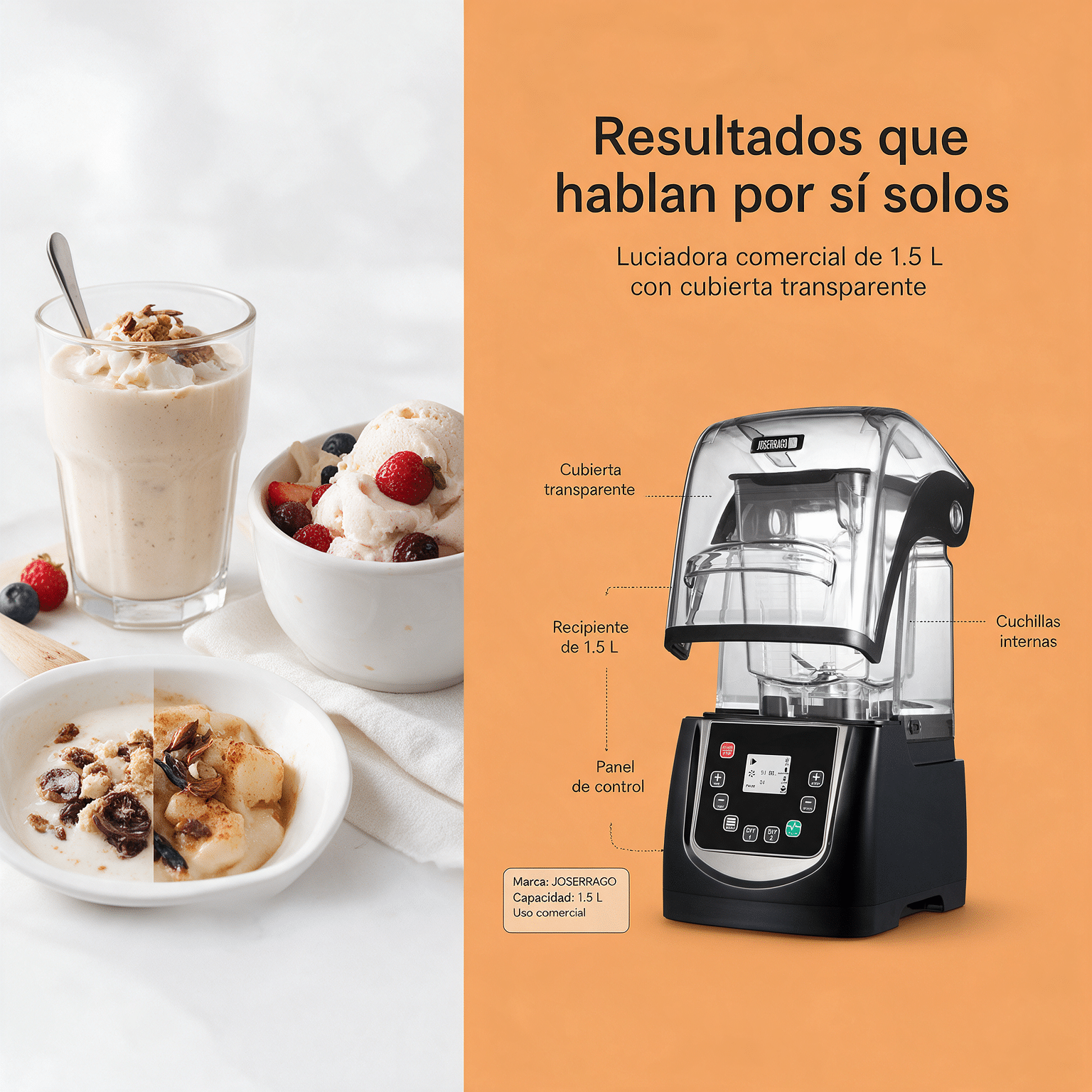Licuadora industrial Joserrago de 1.5 L con partes señaladas junto a batido, helado con frutos rojos y postre servido