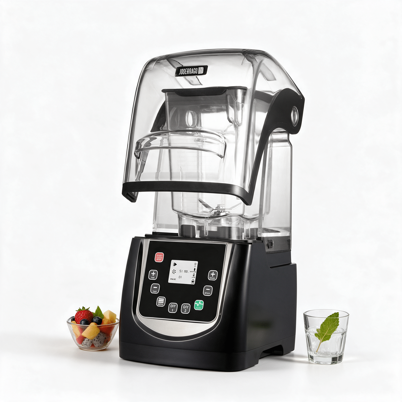 Licuadora industrial Joserrago M-K90TS en fondo blanco junto a un bowl de frutas picadas y un vaso con hoja de menta