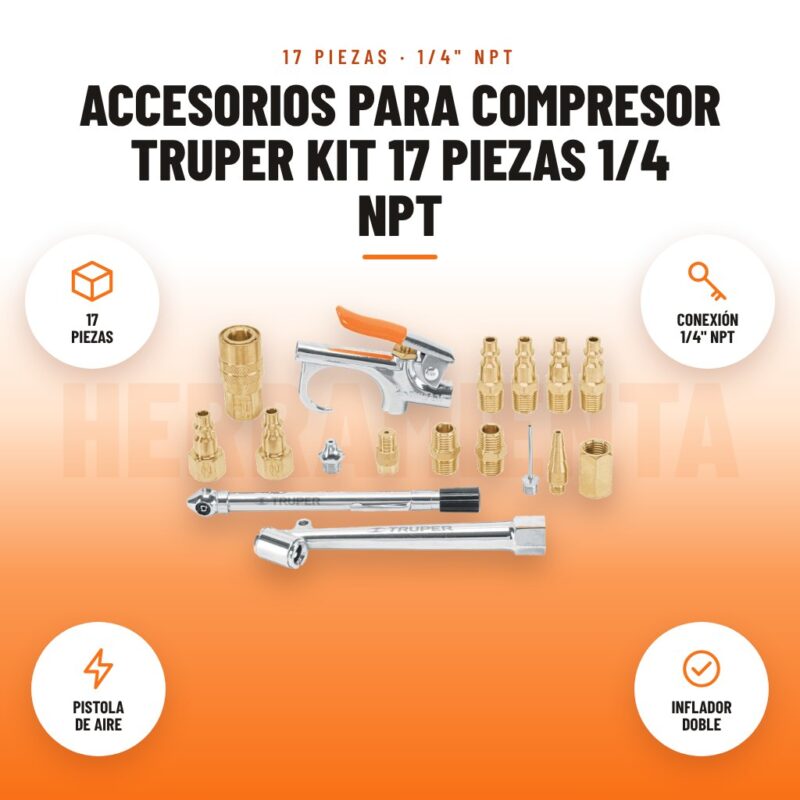 Accesorios para compresor Truper kit 17 piezas 1/4 NPT: imagen promocional con 17 piezas, conexión 1/4" npt, pistola de aire, inflador doble