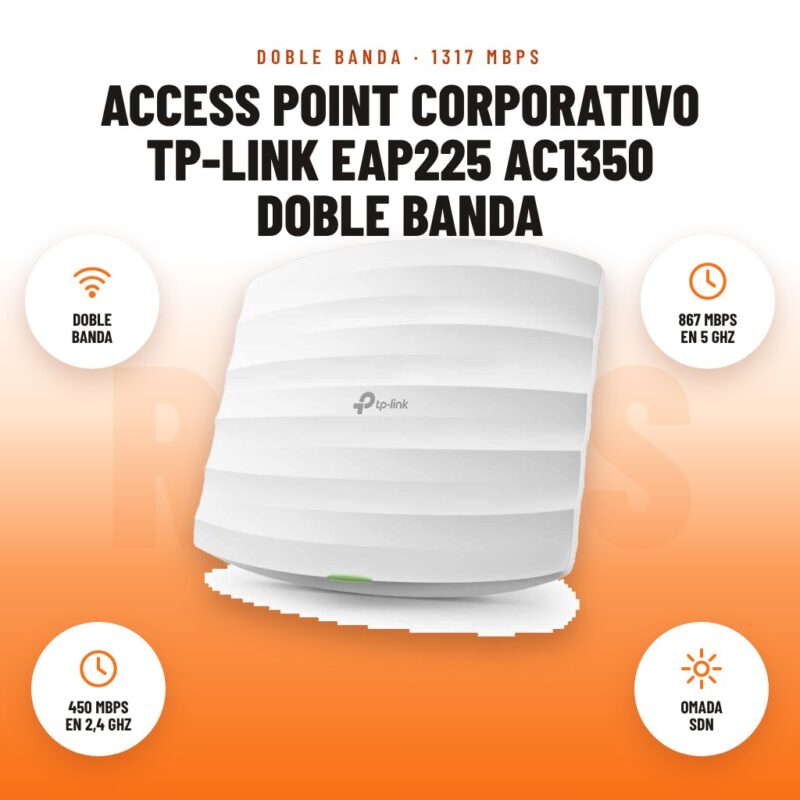 Access Point Corporativo TP-Link EAP225 AC1350 Doble Banda: imagen promocional con doble banda, 867 mbps en 5 ghz, 450 mbps en 2,4 ghz, omada sdn
