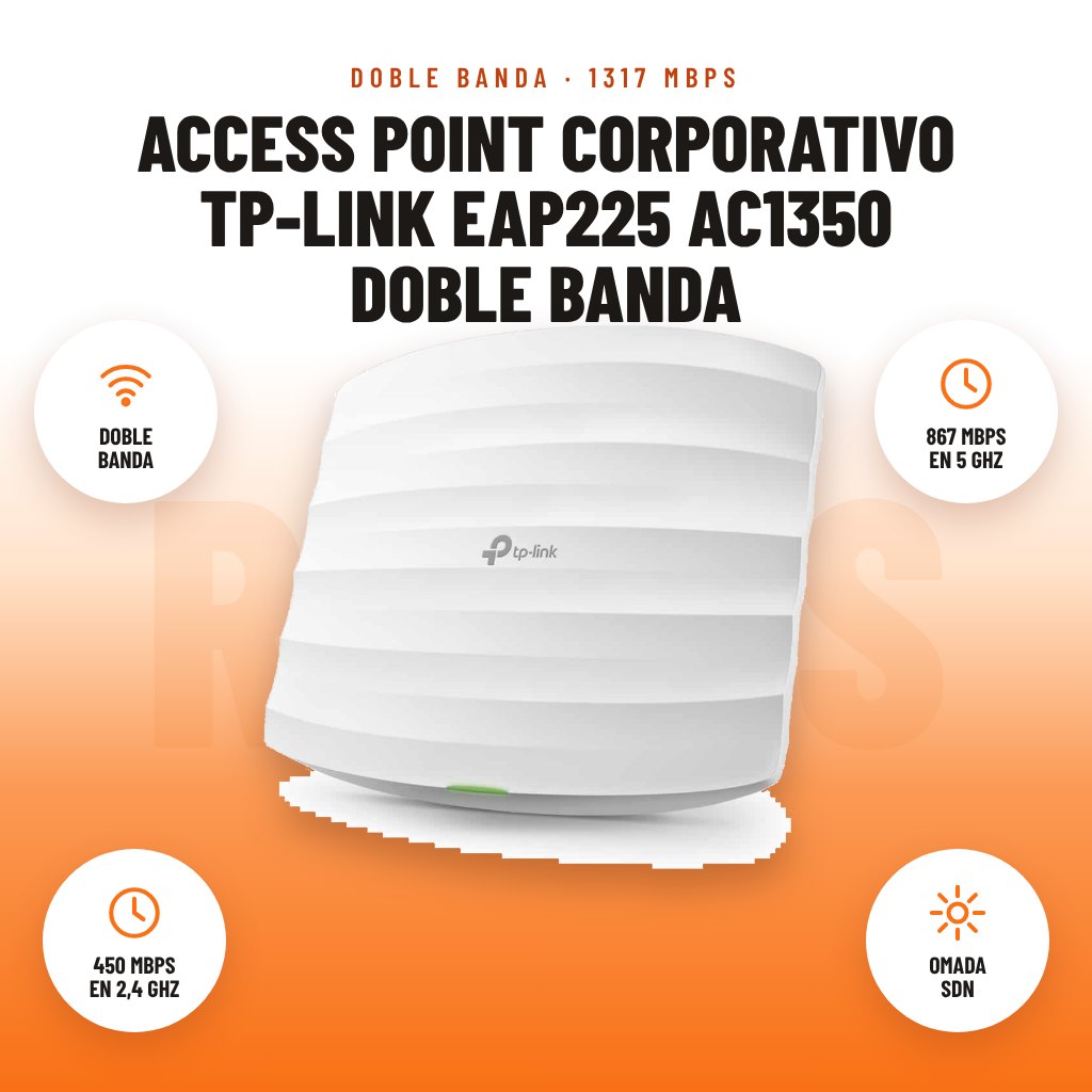 Access Point Corporativo TP-Link EAP225 AC1350 Doble Banda: imagen promocional con doble banda, 867 mbps en 5 ghz, 450 mbps en 2,4 ghz, omada sdn