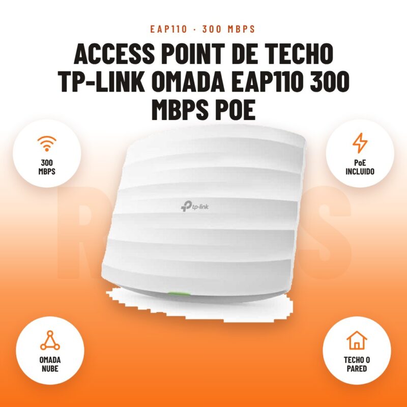 Access Point de Techo TP-Link Omada EAP110 300 Mbps PoE: imagen promocional con 300 mbps, poe incluido, omada nube, techo o pared