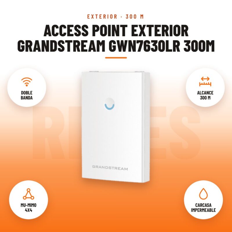 Access Point Exterior Grandstream GWN7630LR 300m: imagen promocional con doble banda, alcance 300 m, mu-mimo 4x4, carcasa impermeable