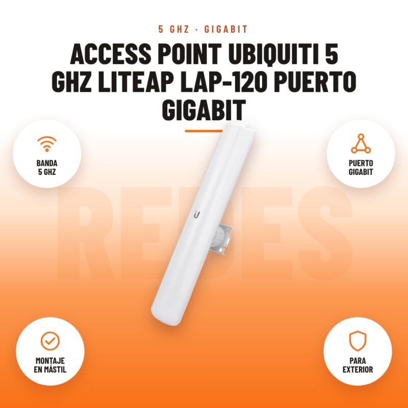 Access Point Ubiquiti 5 GHz LiteAP LAP-120 Puerto Gigabit: imagen promocional con banda 5 ghz, puerto gigabit, montaje en mástil, para exterior