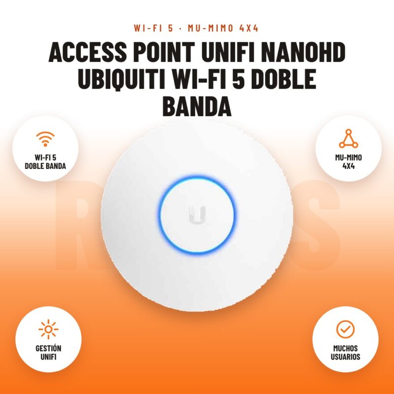 Access Point UniFi NanoHD Ubiquiti Wi-Fi 5 Doble Banda: imagen promocional con wi-fi 5 doble banda, mu-mimo 4x4, gestión unifi, muchos usuarios