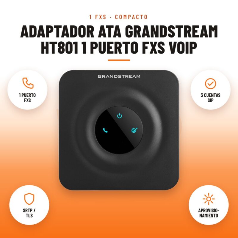 Adaptador ATA Grandstream HT801 1 Puerto FXS VoIP: imagen promocional con 1 puerto fxs, 3 cuentas sip, srtp / tls, aprovisio- namiento