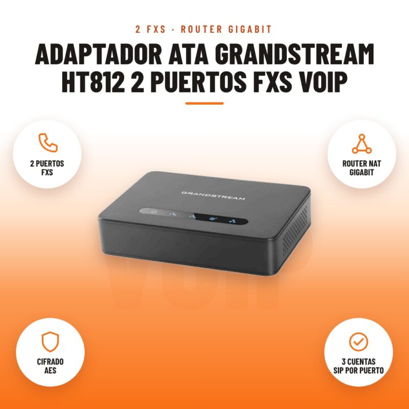 Adaptador ATA Grandstream HT812 2 Puertos FXS VoIP: imagen promocional con 2 puertos fxs, router nat gigabit, cifrado aes, 3 cuentas sip por puerto