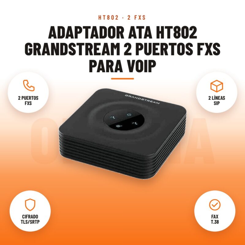 Adaptador ATA HT802 Grandstream 2 Puertos FXS para VoIP: imagen promocional con 2 puertos fxs, 2 líneas sip, cifrado tls/srtp, fax t.38