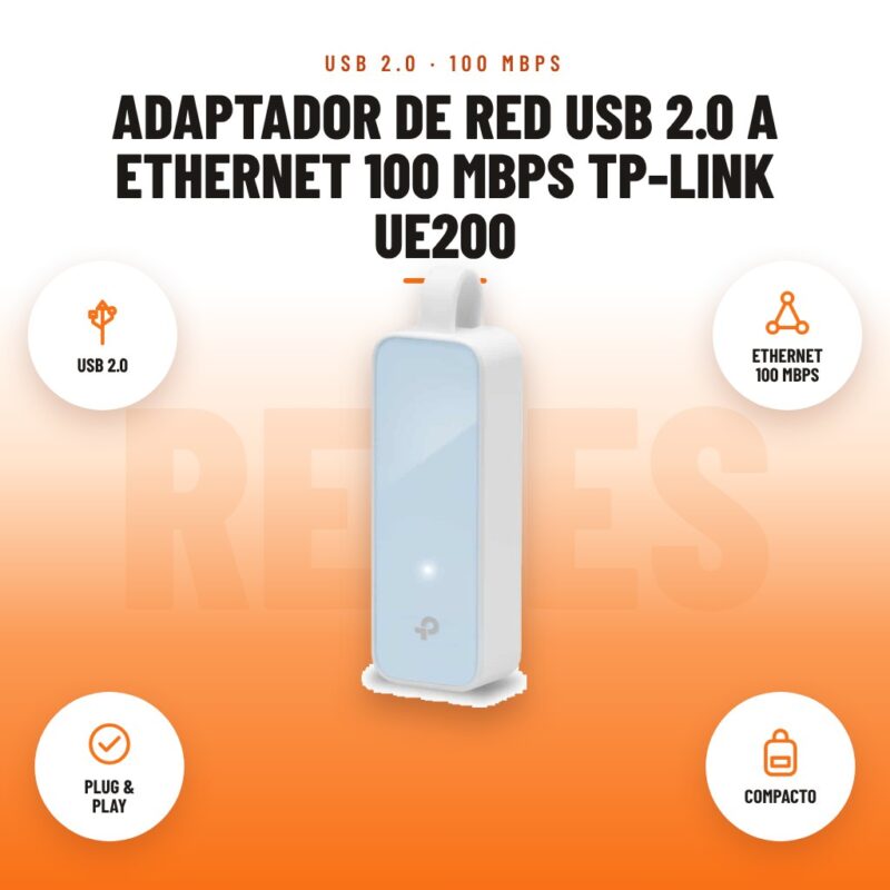 Adaptador de Red USB 2.0 a Ethernet 100 Mbps TP-Link UE200: imagen promocional con usb 2.0, ethernet 100 mbps, plug & play, compacto