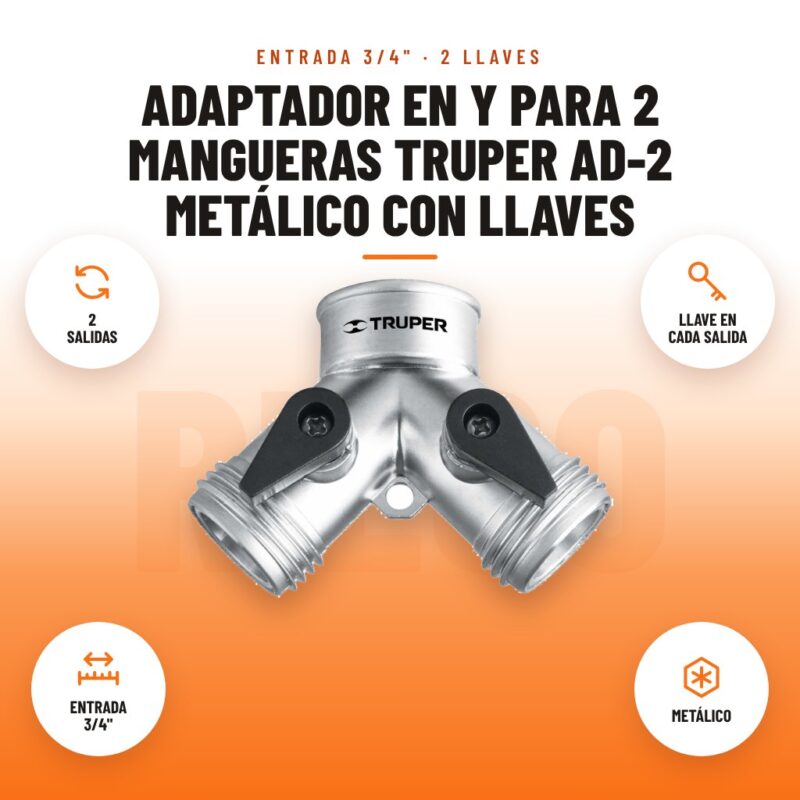 Adaptador en Y para 2 mangueras Truper AD-2 metálico con llaves: imagen promocional con 2 salidas, llave en cada salida, entrada 3/4", metálico