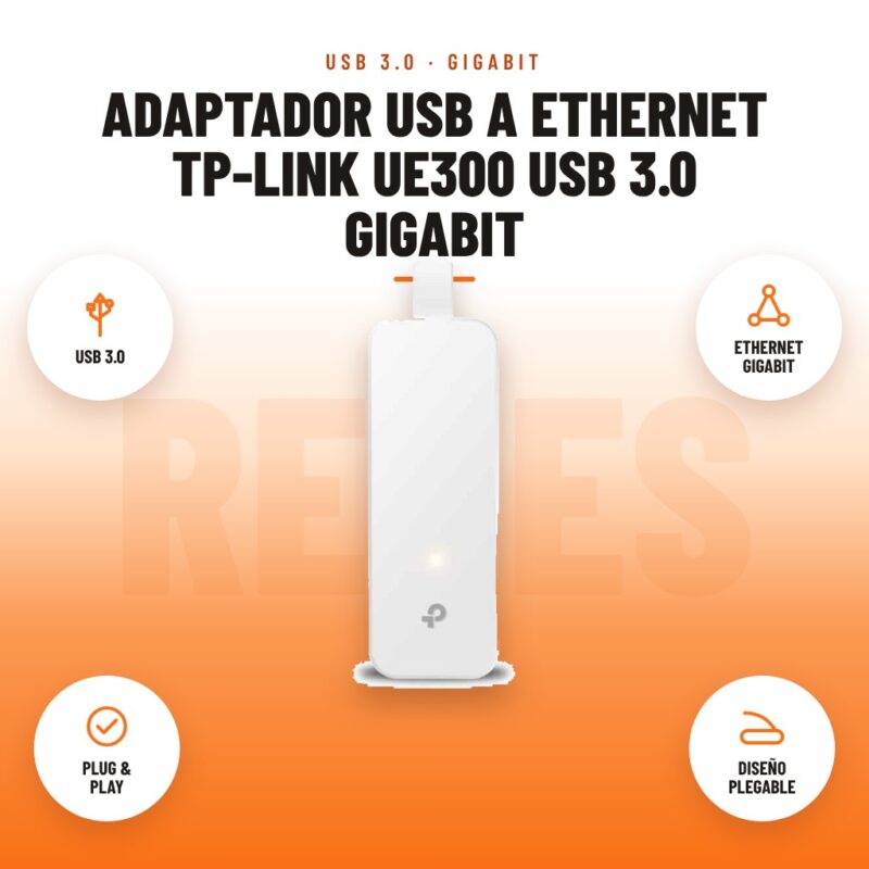 Adaptador USB a Ethernet TP-Link UE300 USB 3.0 Gigabit: imagen promocional con usb 3.0, ethernet gigabit, plug & play, diseño plegable