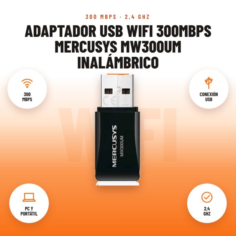 Adaptador USB WiFi 300Mbps Mercusys MW300UM Inalámbrico: imagen promocional con 300 mbps, conexión usb, pc y portátil, 2,4 ghz