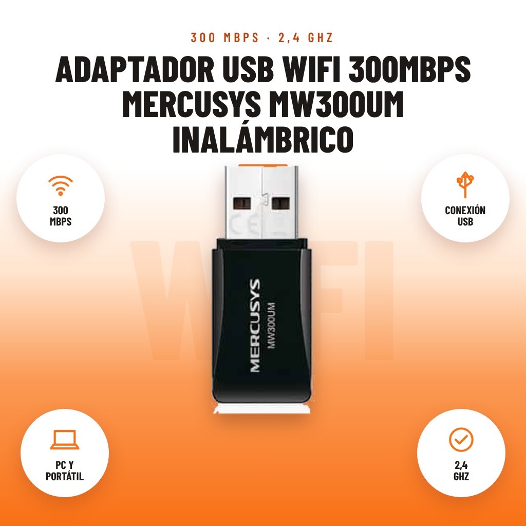Adaptador USB WiFi 300Mbps Mercusys MW300UM Inalámbrico: imagen promocional con 300 mbps, conexión usb, pc y portátil, 2,4 ghz