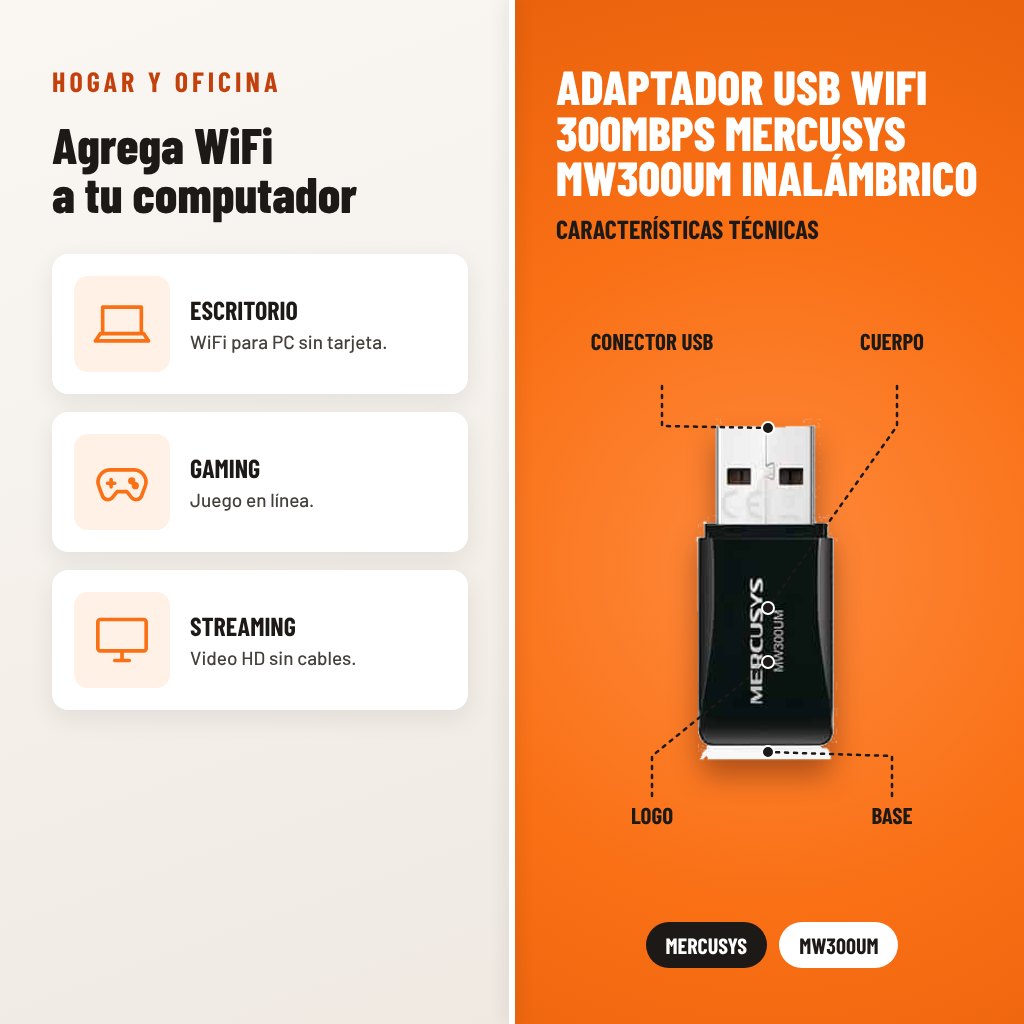 Adaptador USB WiFi 300Mbps Mercusys MW300UM Inalámbrico: usos y características técnicas señaladas