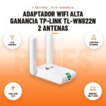 Adaptador WiFi Alta Ganancia TP-Link TL-WN822N 2 Antenas: imagen promocional con alta ganancia, 2 antenas externas, cable usb 1,5 m, windows, mac y linux