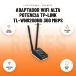 Adaptador WiFi Alta Potencia TP-Link TL-WN8200ND 300 Mbps: imagen promocional con hasta 300 mbps, 2 antenas 5 dbi, cable usb 1,5 m, botón wps