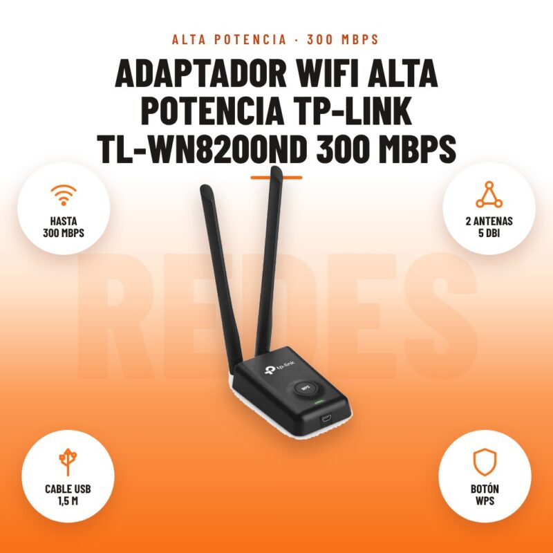 Adaptador WiFi Alta Potencia TP-Link TL-WN8200ND 300 Mbps: imagen promocional con hasta 300 mbps, 2 antenas 5 dbi, cable usb 1,5 m, botón wps