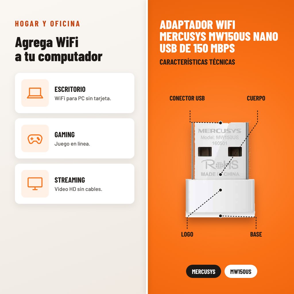 Adaptador WiFi Mercusys MW150US Nano USB de 150 Mbps: usos y características técnicas señaladas