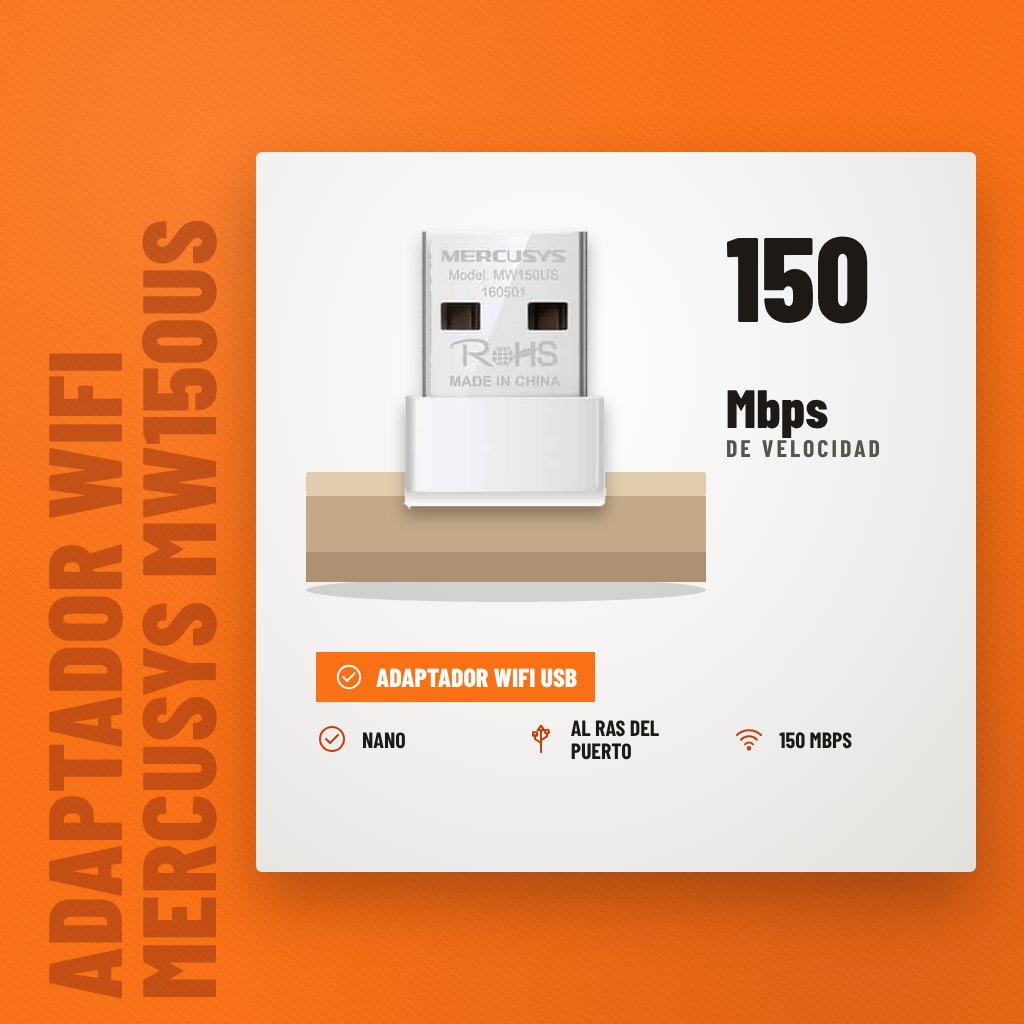 Adaptador WiFi Mercusys MW150US Nano USB de 150 Mbps sobre soporte con sus beneficios principales
