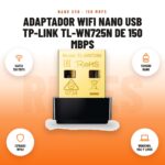 Adaptador WiFi Nano USB TP-Link TL-WN725N de 150 Mbps: imagen promocional con hasta 150 mbps, tamaño nano, cifrado wpa2, windows, mac y linux
