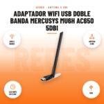 Adaptador WiFi USB Doble Banda Mercusys MU6H AC650 5dBi: imagen promocional con doble banda, antena 5 dbi, 433 mbps en 5 ghz, usb