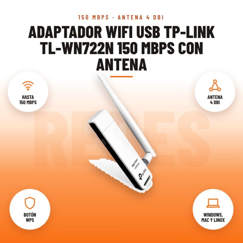 Adaptador WiFi USB TP-Link TL-WN722N 150 Mbps con Antena: imagen promocional con hasta 150 mbps, antena 4 dbi, botón wps, windows, mac y linux