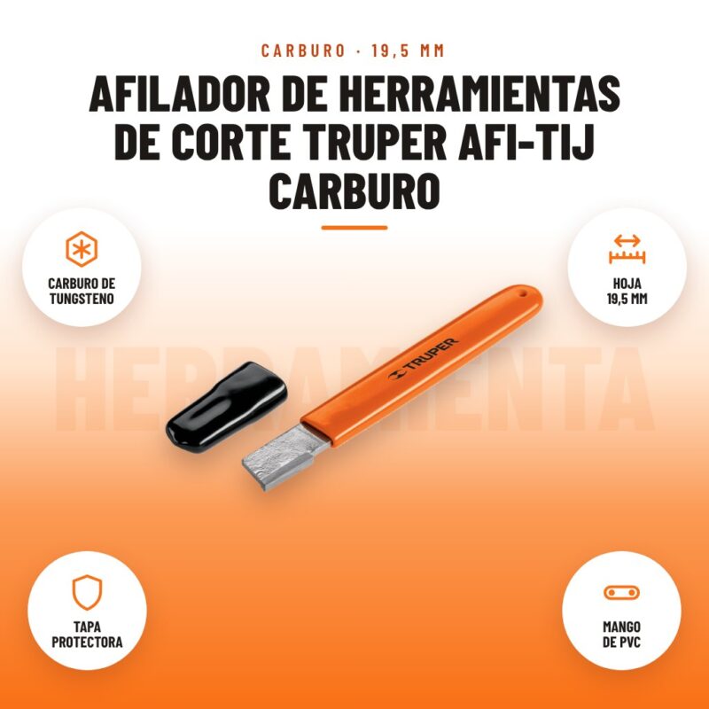 Afilador de herramientas de corte Truper AFI-TIJ carburo: imagen promocional con carburo de tungsteno, hoja 19,5 mm, tapa protectora, mango de pvc
