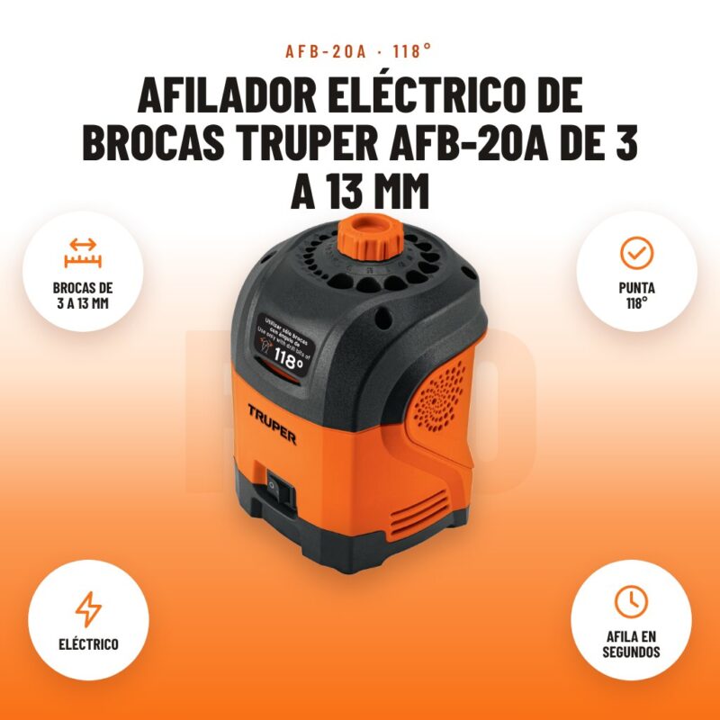 Afilador Eléctrico de Brocas Truper AFB-20A de 3 a 13 mm: imagen promocional con brocas de 3 a 13 mm, punta 118°, eléctrico, afila en segundos
