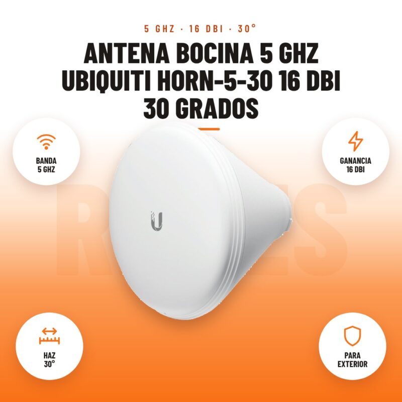 Antena bocina 5 GHz Ubiquiti Horn-5-30 16 dBi 30 grados: imagen promocional con banda 5 ghz, ganancia 16 dbi, haz 30°, para exterior