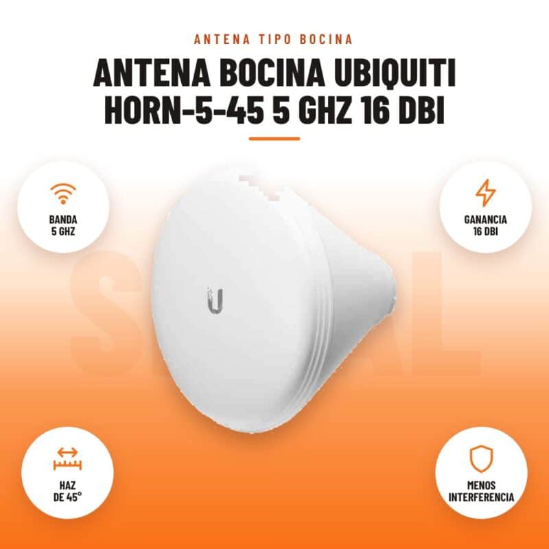 Antena Bocina Ubiquiti Horn-5-45 5 GHz 16 dBi: imagen promocional con banda 5 ghz, ganancia 16 dbi, haz de 45°, menos interferencia