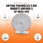 Antena parabólica 5 GHz Ubiquiti airFiber X AF-5G34-S45: imagen promocional con banda 5 ghz, ganancia 34 dbi, polarización slant 45, punto a punto