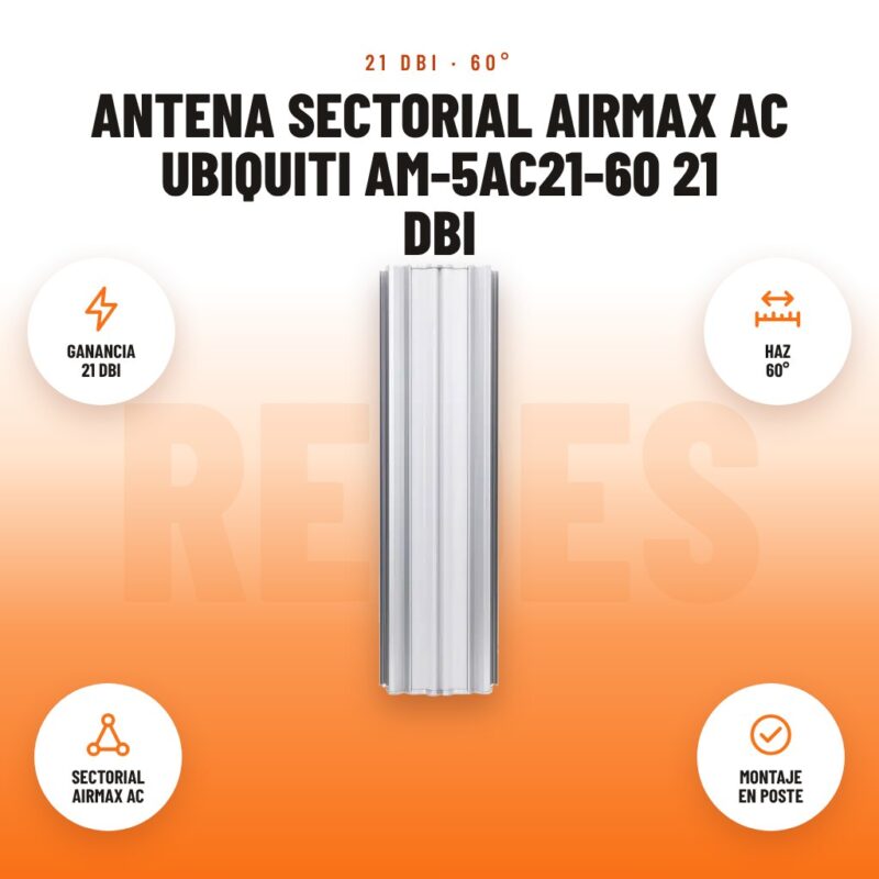 Antena sectorial airMAX ac Ubiquiti AM-5AC21-60 21 dBi: imagen promocional con ganancia 21 dbi, haz 60°, sectorial airmax ac, montaje en poste