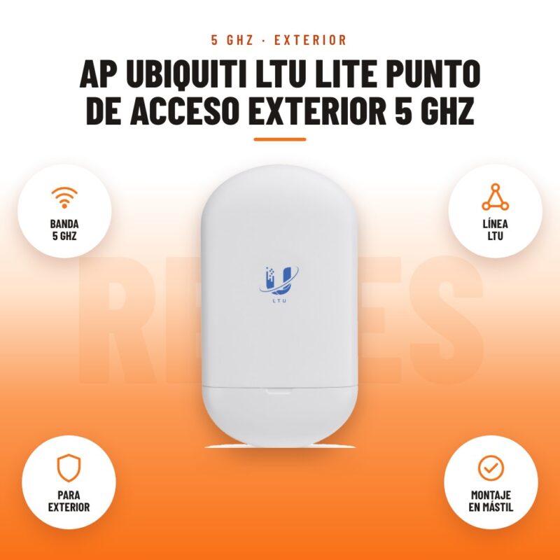 AP Ubiquiti LTU Lite punto de acceso exterior 5 GHz: imagen promocional con banda 5 ghz, línea ltu, para exterior, montaje en mástil