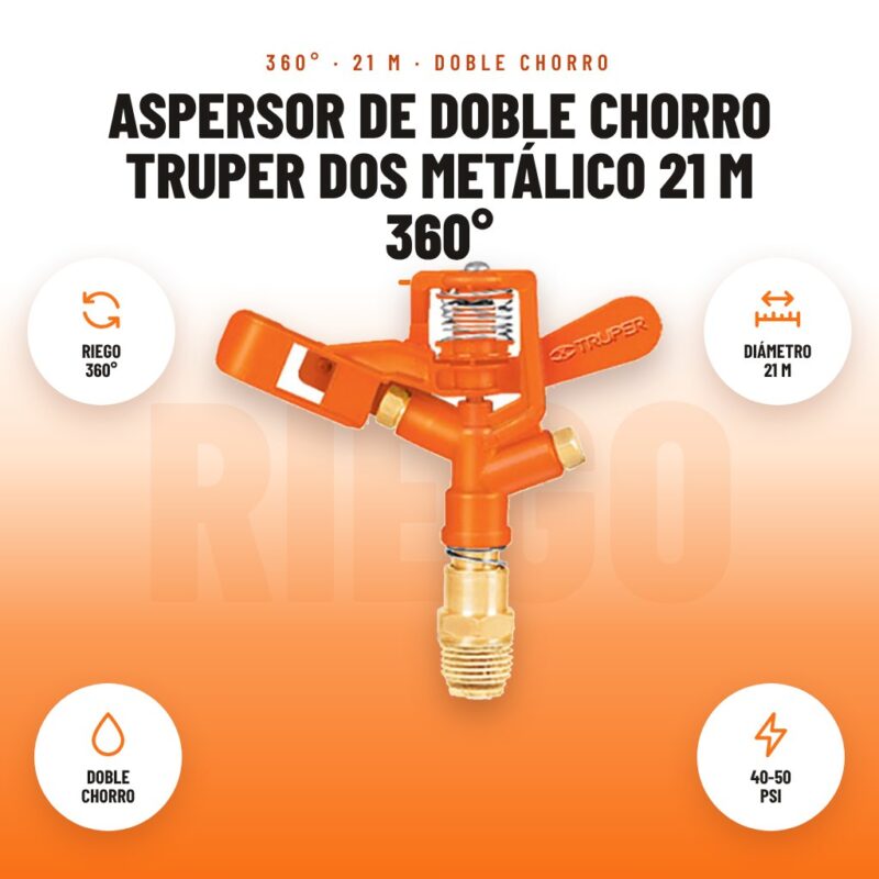 Aspersor de doble chorro Truper DOS metálico 21 m 360°: imagen promocional con riego 360°, diámetro 21 m, doble chorro, 40-50 psi