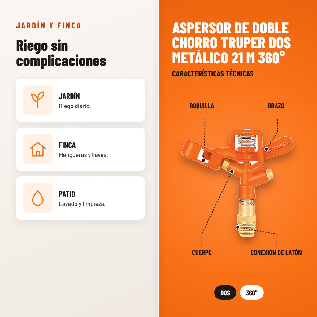 Aspersor de doble chorro Truper DOS metálico 21 m 360°: usos y características técnicas señaladas