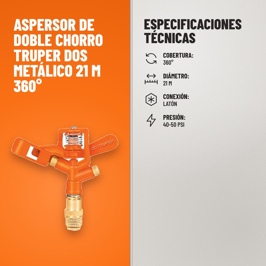 Especificaciones técnicas de Aspersor de doble chorro Truper DOS metálico 21 m 360°