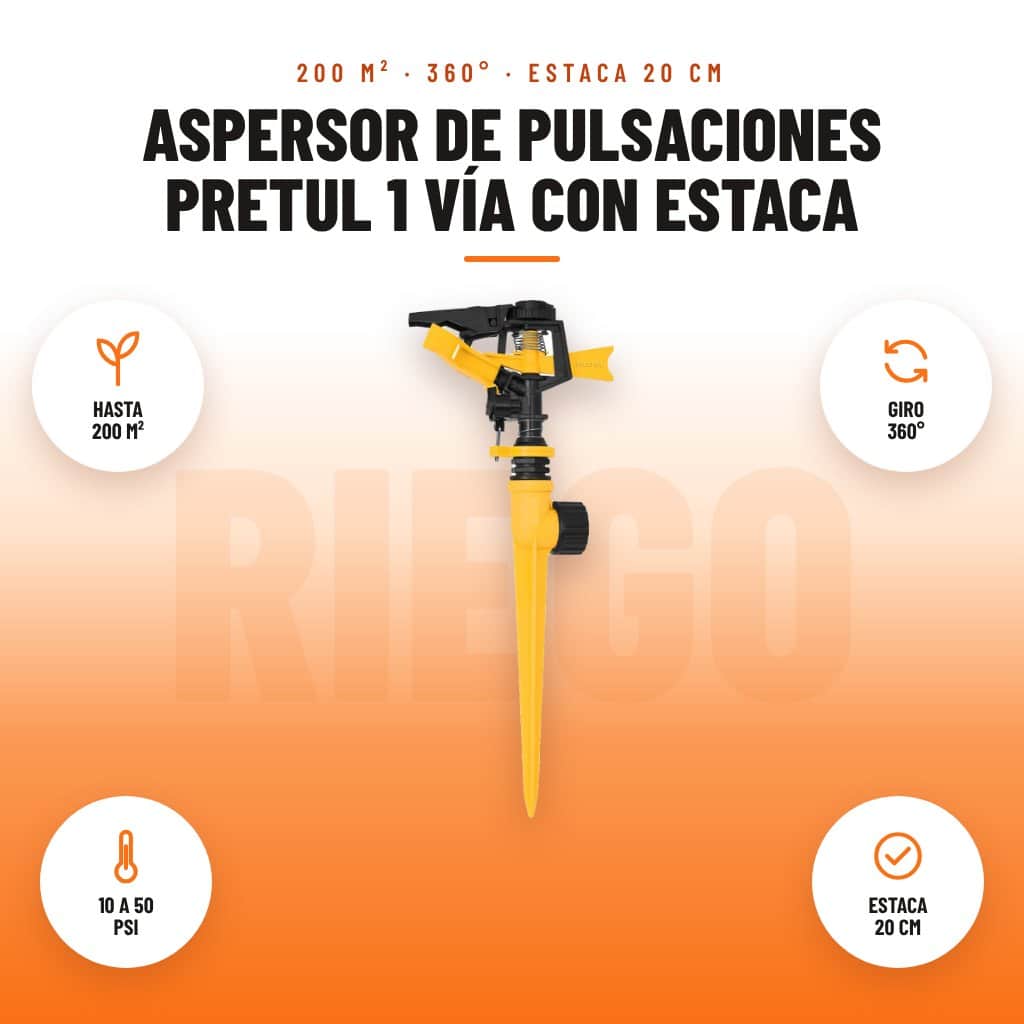 Aspersor de Pulsaciones Pretul 1 Vía con Estaca: imagen promocional con hasta 200 m², giro 360°, 10 a 50 psi, estaca 20 cm