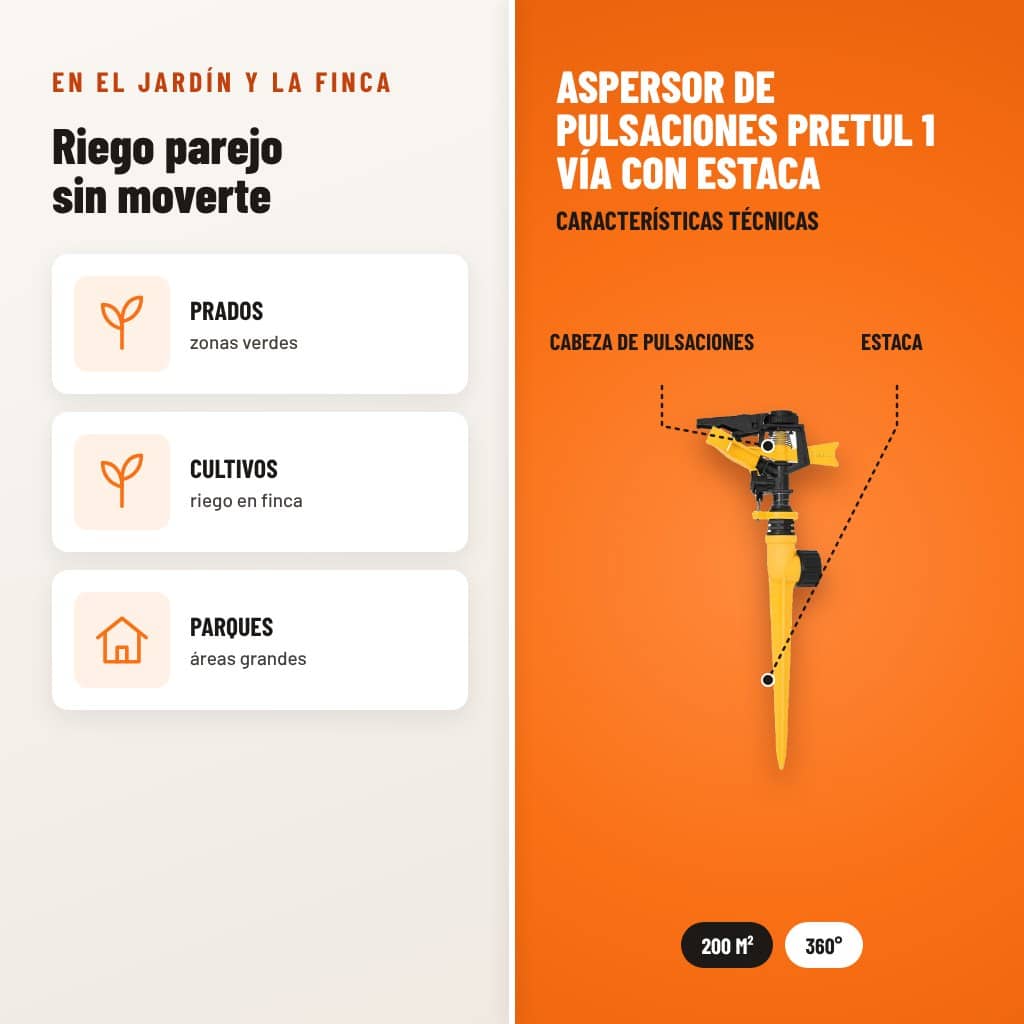 Aspersor de Pulsaciones Pretul 1 Vía con Estaca: usos y características técnicas señaladas