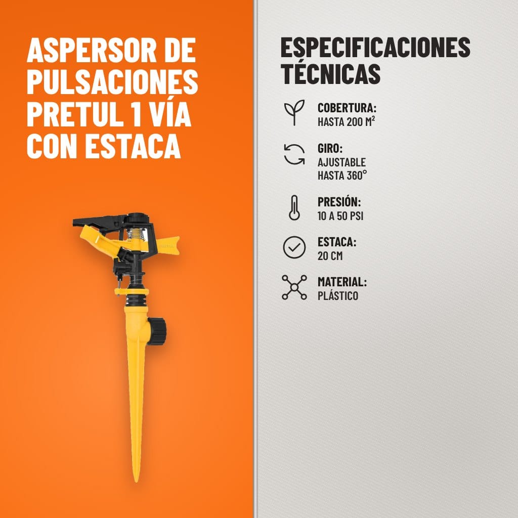 Especificaciones técnicas de Aspersor de Pulsaciones Pretul 1 Vía con Estaca