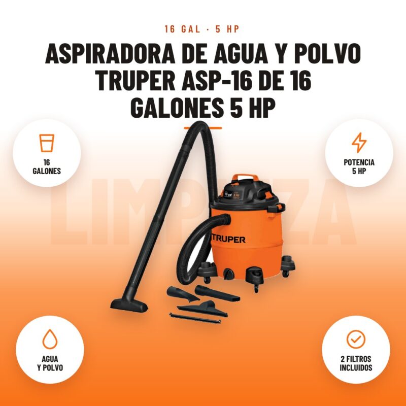 Aspiradora de Agua y Polvo Truper ASP-16 de 16 Galones 5 HP: imagen promocional con 16 galones, potencia 5 hp, agua y polvo, 2 filtros incluidos