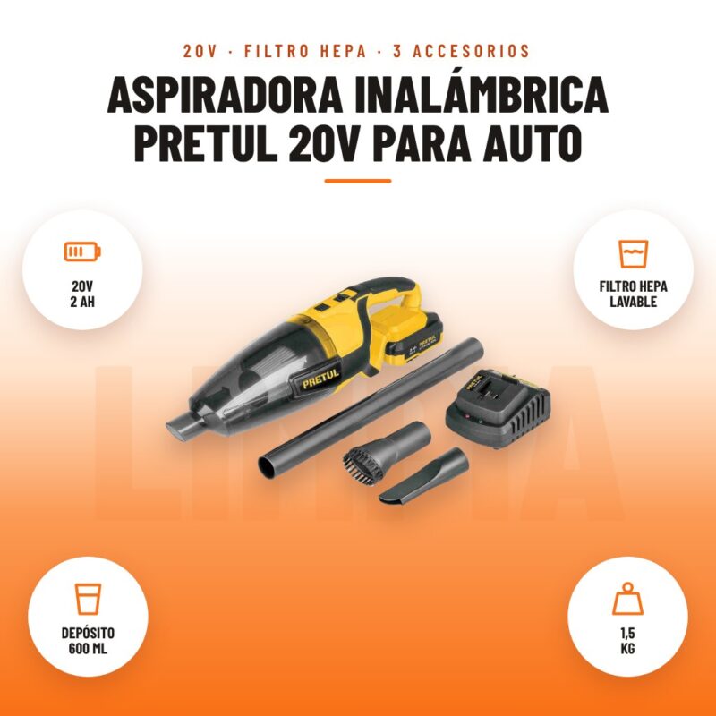 Aspiradora Inalámbrica Pretul 20V para Auto: imagen promocional con 20v 2 ah, filtro hepa lavable, depósito 600 ml, 1,5 kg