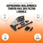 Aspiradora Inalámbrica Truper MAX 20V Filtro Lavable: imagen promocional con 20v max, ion litio 2 ah, filtro lavable, accesorios incluidos