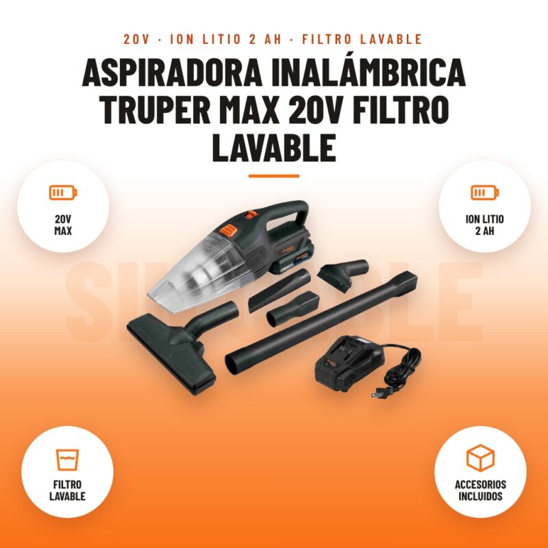 Aspiradora Inalámbrica Truper MAX 20V Filtro Lavable: imagen promocional con 20v max, ion litio 2 ah, filtro lavable, accesorios incluidos